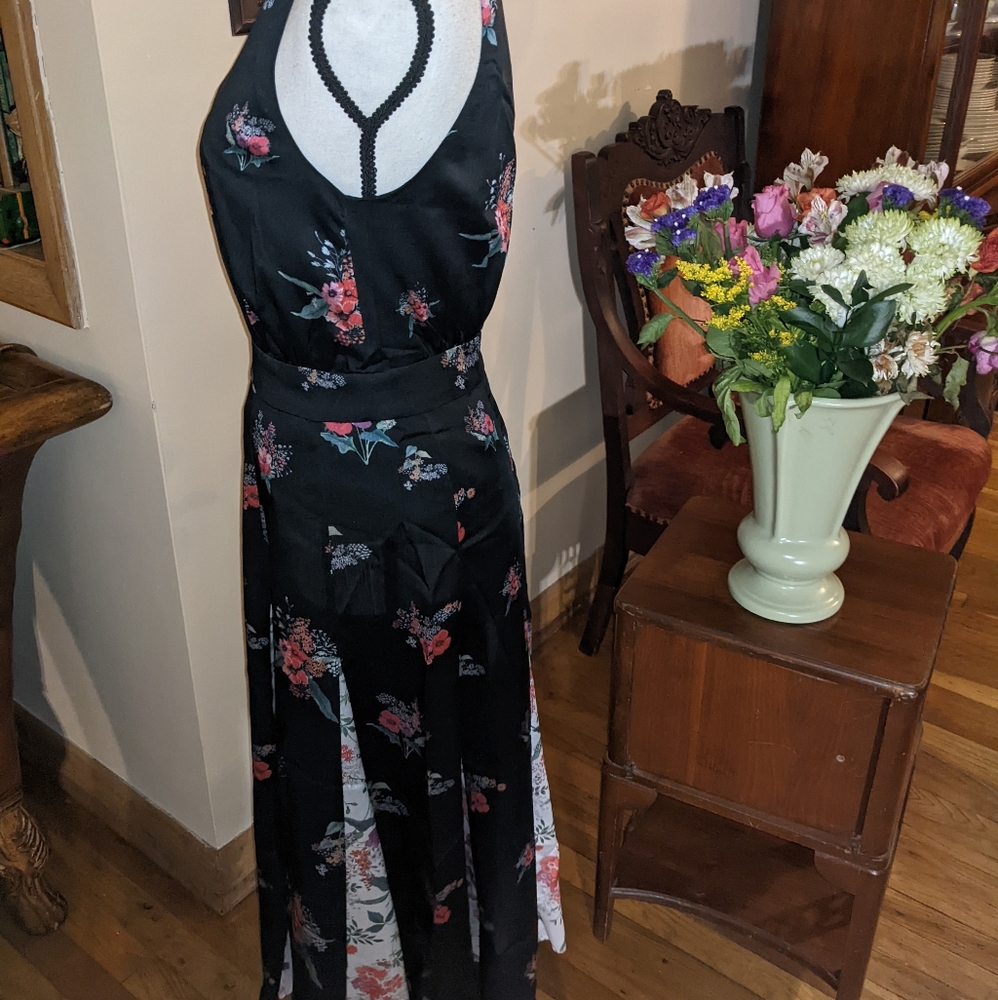 Ted Baker Black Floral A-Line Midi Dress with Pink & Green Accents - Picture 5 of 9